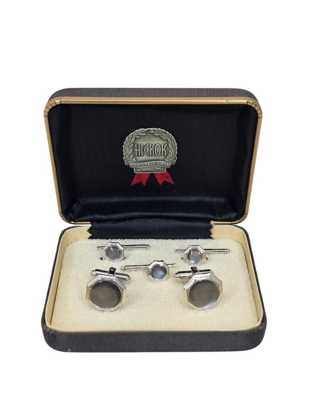 Vintage Hickok Mother Of Pearl Inlay Tuxedo Set Cufflinks Shirt Tacks USA Octago